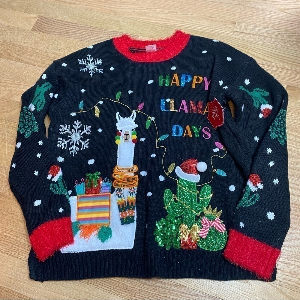 Llama Ugly Christmas Sweater NEW Small Holiday Time Black Red Women’s Lights